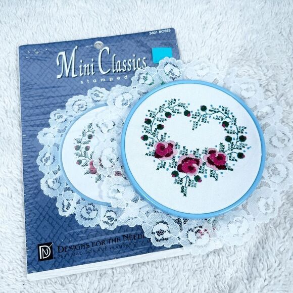Vintage Mini Classics Cross stitch finished Rose Heart Floral Lace Wall Decor - Picture 4 of 8